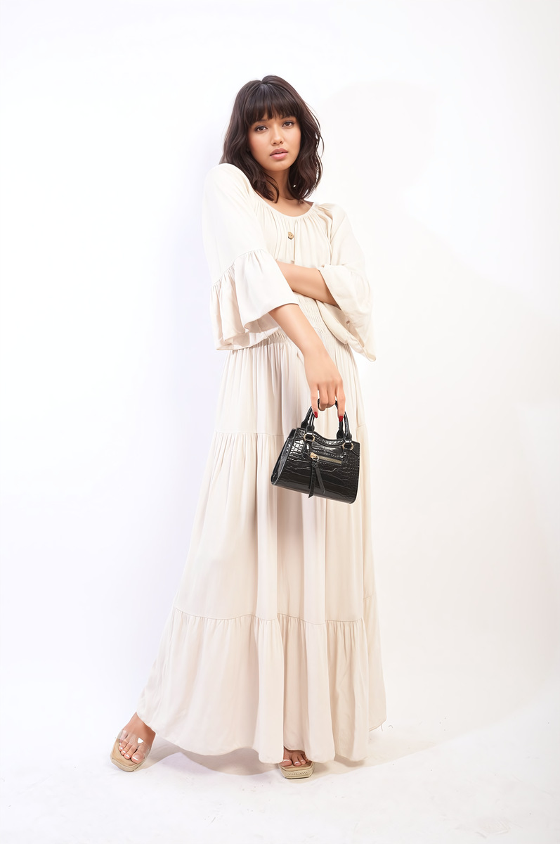 LEAH Ruffle Hem Sleeve Shirred Waist Tiered Maxi Dress