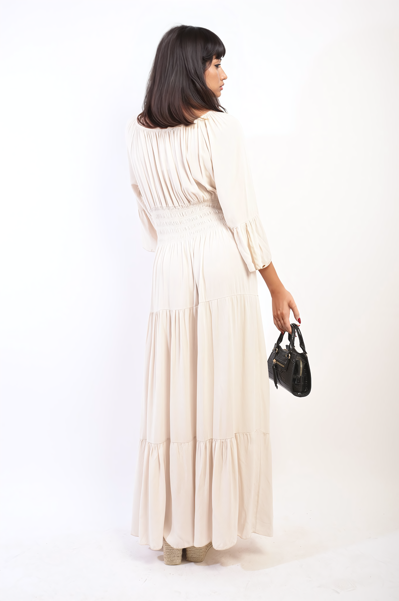 LEAH Ruffle Hem Sleeve Shirred Waist Tiered Maxi Dress