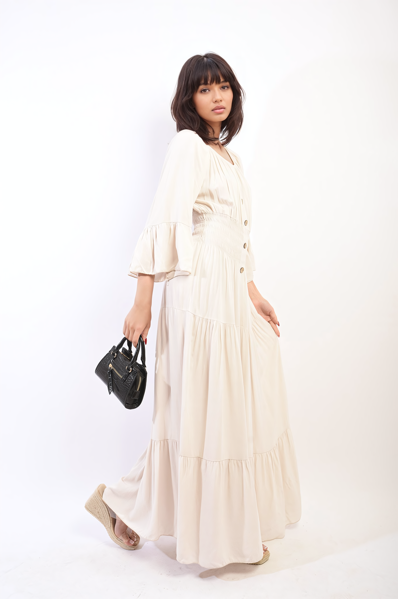 LEAH Ruffle Hem Sleeve Shirred Waist Tiered Maxi Dress