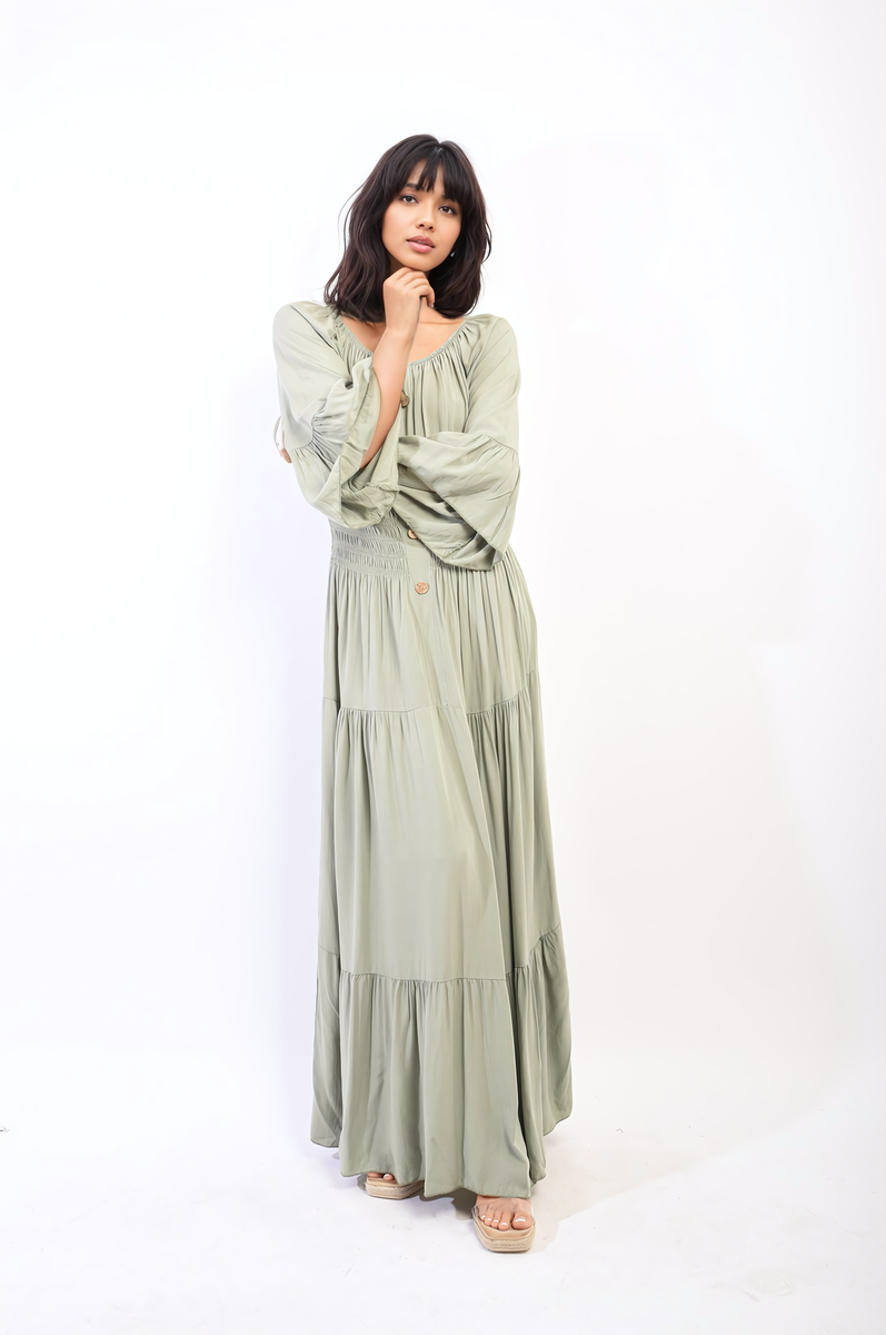 LEAH Ruffle Hem Sleeve Shirred Waist Tiered Maxi Dress