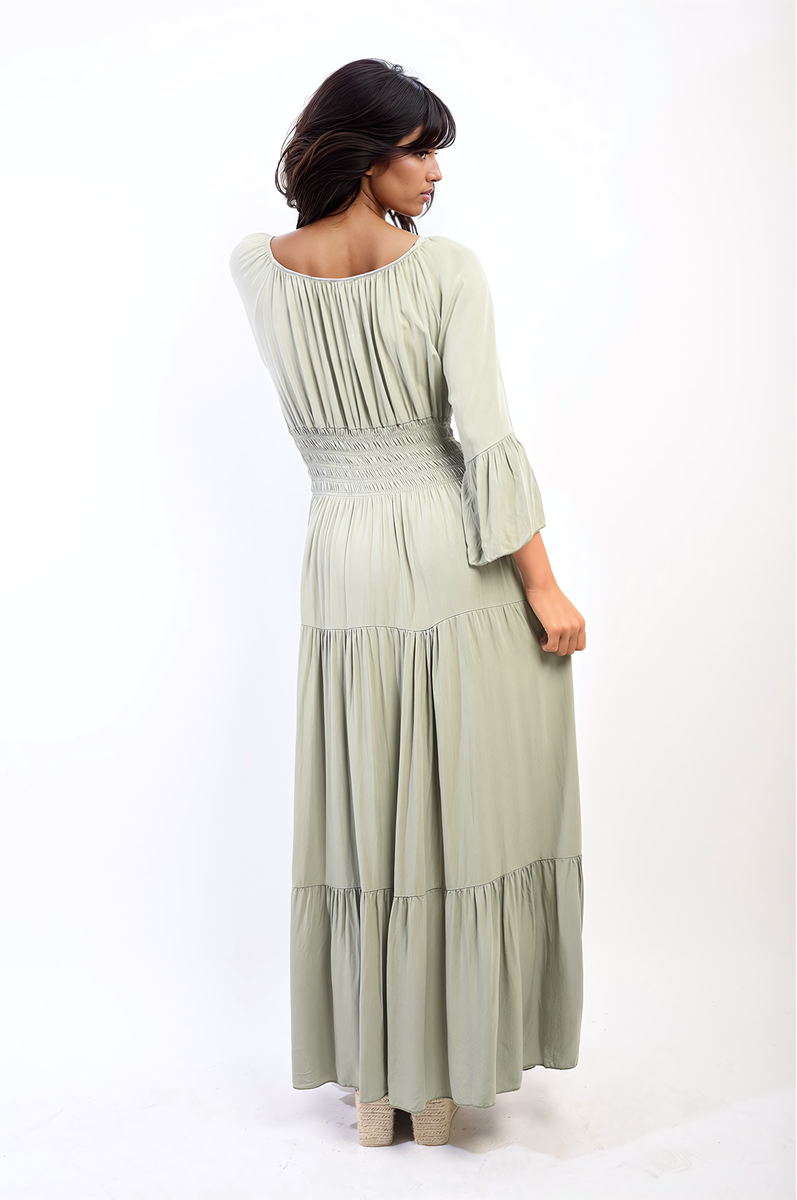 LEAH Ruffle Hem Sleeve Shirred Waist Tiered Maxi Dress