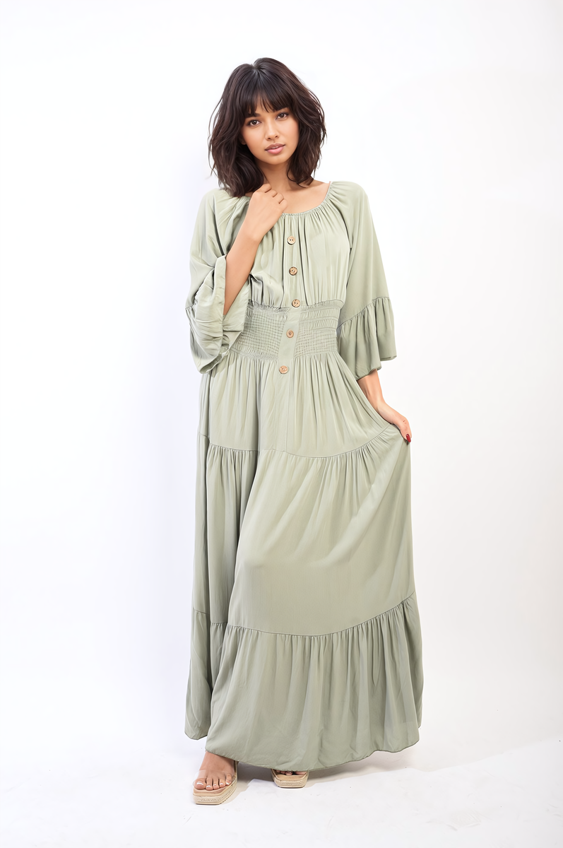 LEAH Ruffle Hem Sleeve Shirred Waist Tiered Maxi Dress