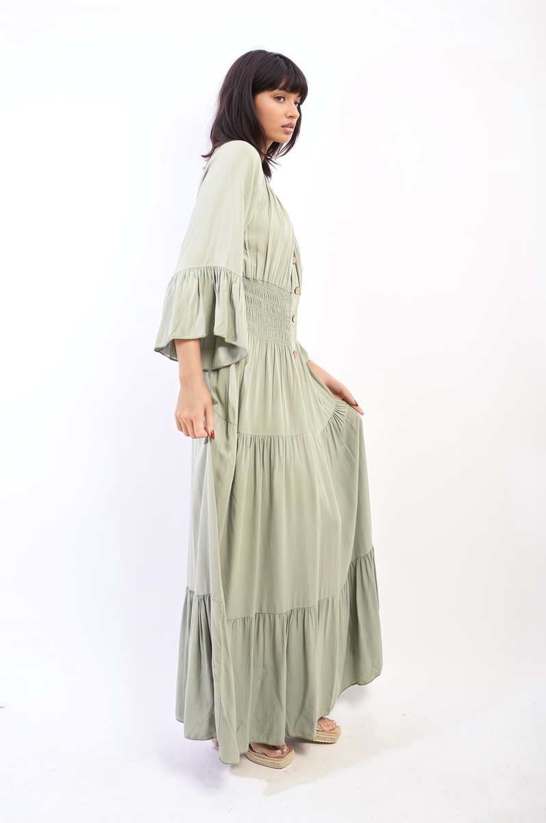 LEAH Ruffle Hem Sleeve Shirred Waist Tiered Maxi Dress