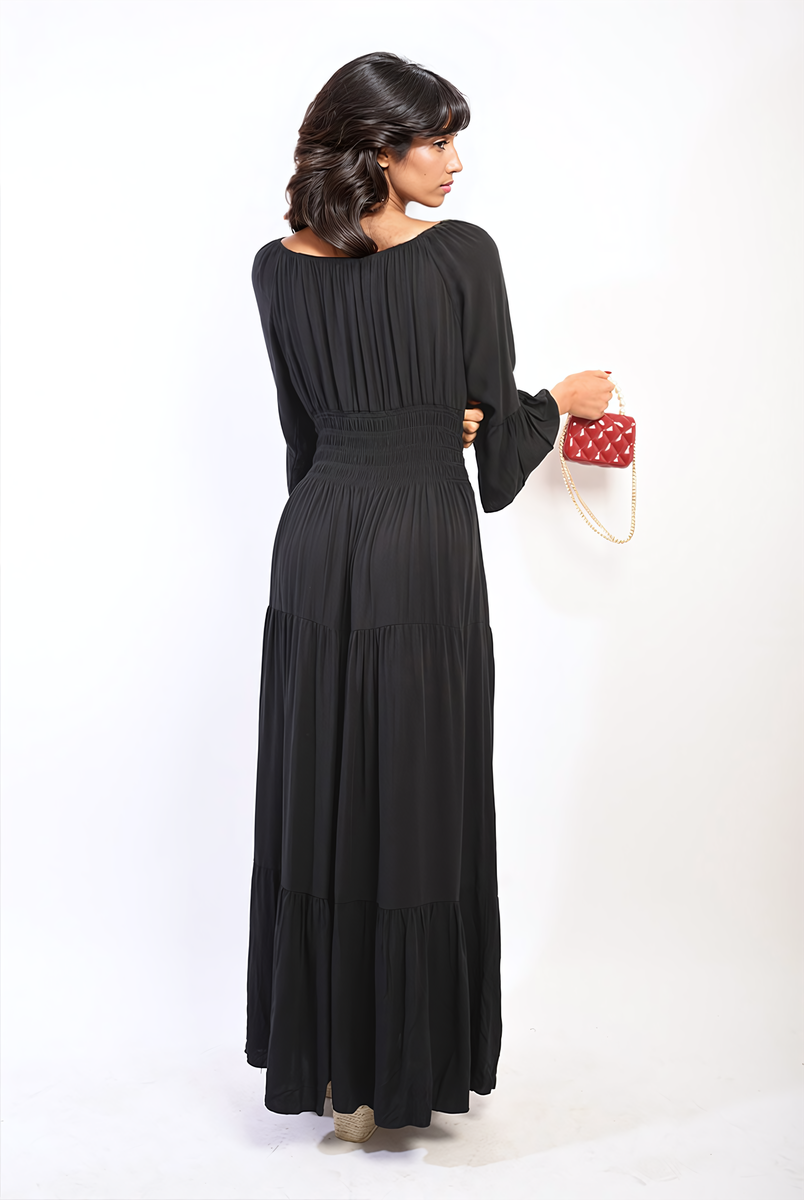 LEAH Ruffle Hem Sleeve Shirred Waist Tiered Maxi Dress