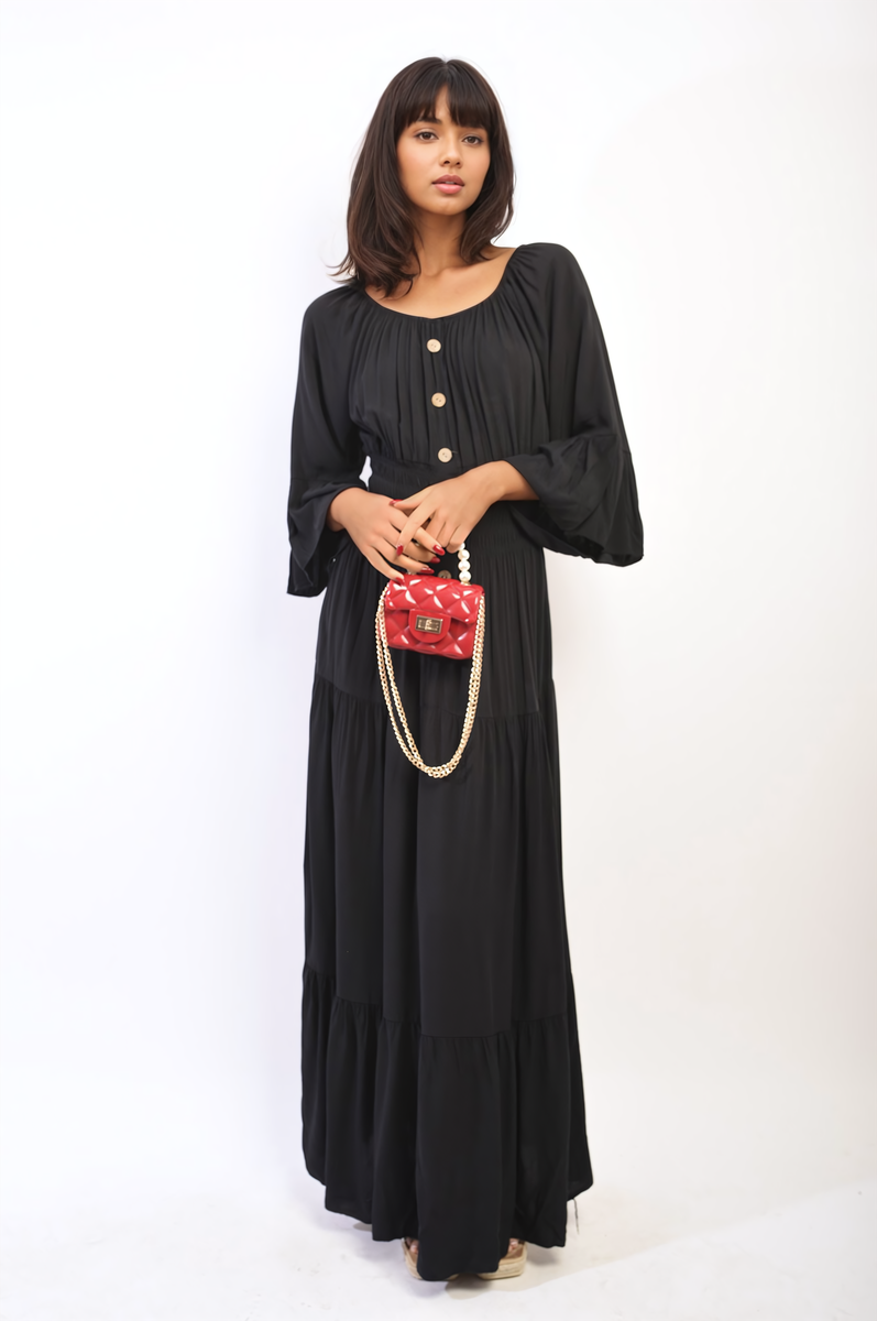 LEAH Ruffle Hem Sleeve Shirred Waist Tiered Maxi Dress