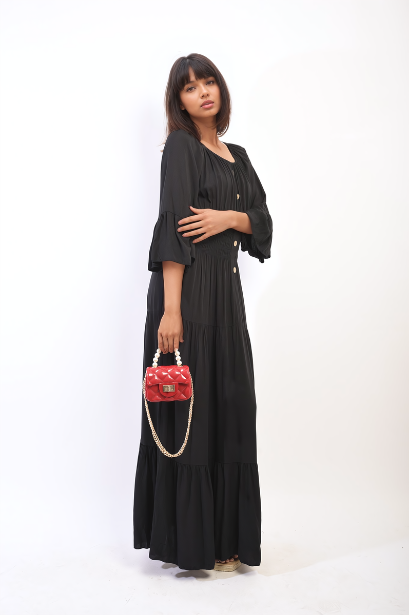 LEAH Ruffle Hem Sleeve Shirred Waist Tiered Maxi Dress