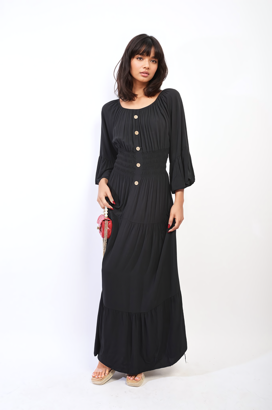 LEAH Ruffle Hem Sleeve Shirred Waist Tiered Maxi Dress