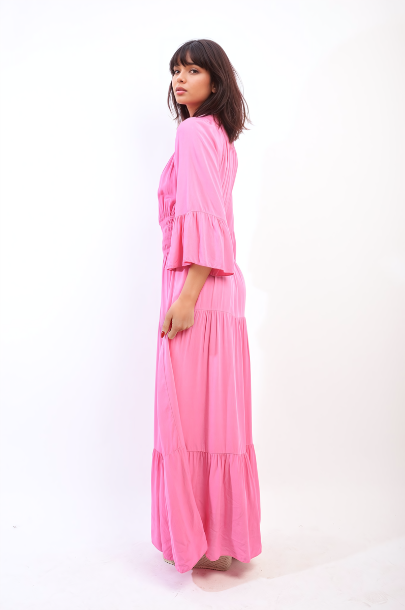 LEAH Ruffle Hem Sleeve Shirred Waist Tiered Maxi Dress