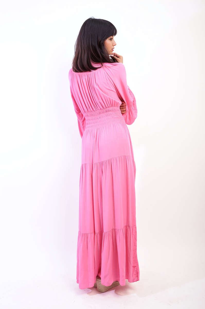 LEAH Ruffle Hem Sleeve Shirred Waist Tiered Maxi Dress