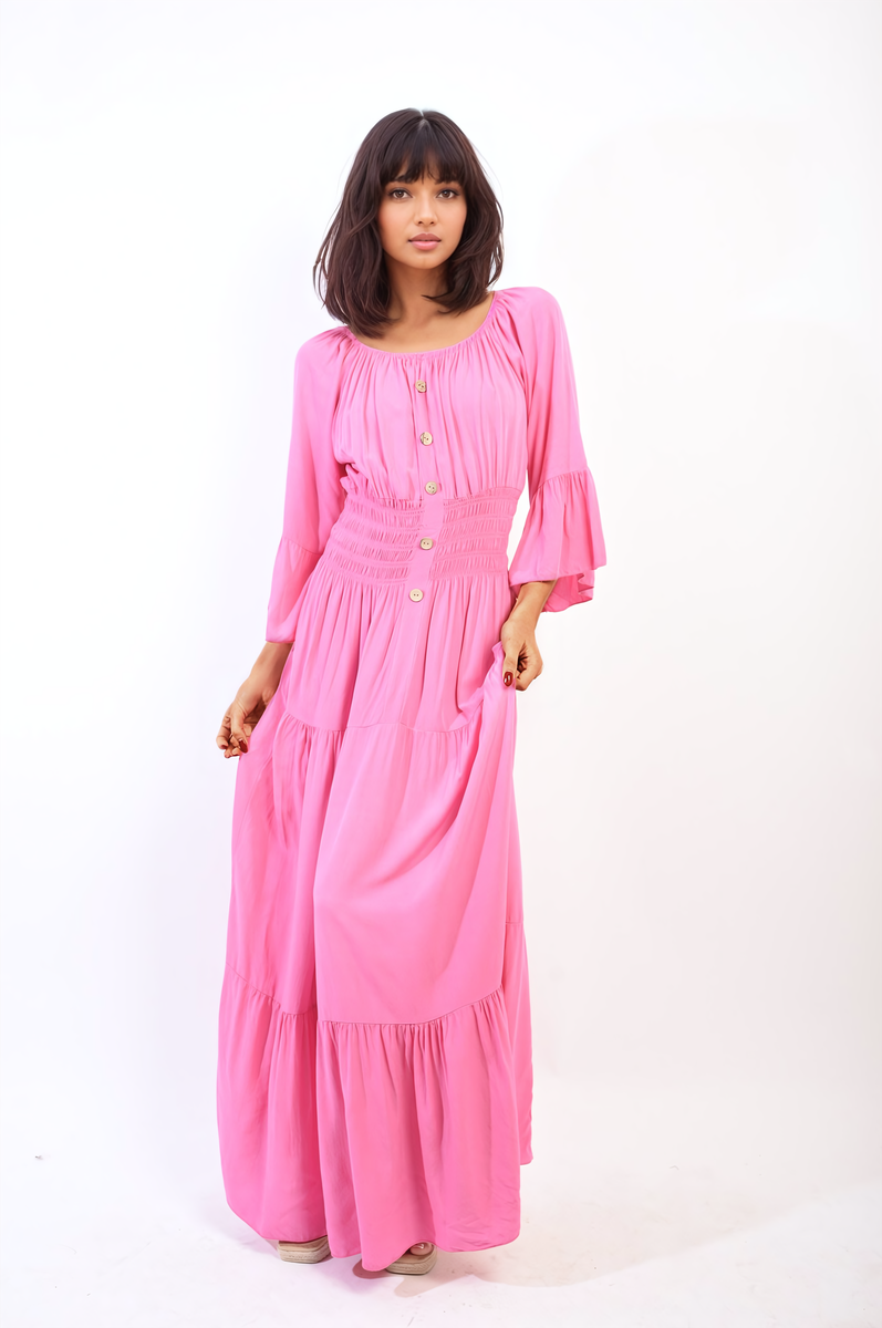 LEAH Ruffle Hem Sleeve Shirred Waist Tiered Maxi Dress