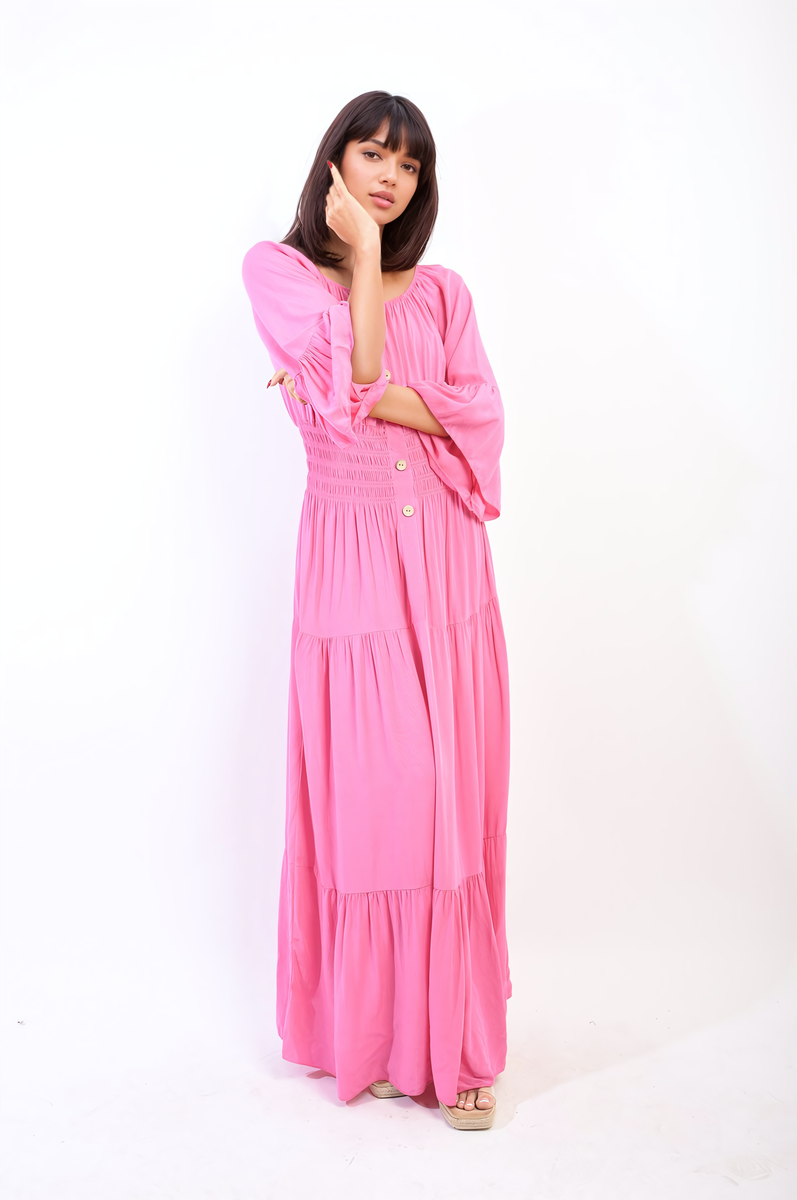 LEAH Ruffle Hem Sleeve Shirred Waist Tiered Maxi Dress