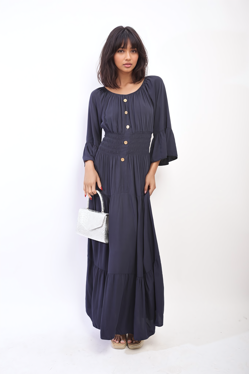 LEAH Ruffle Hem Sleeve Shirred Waist Tiered Maxi Dress