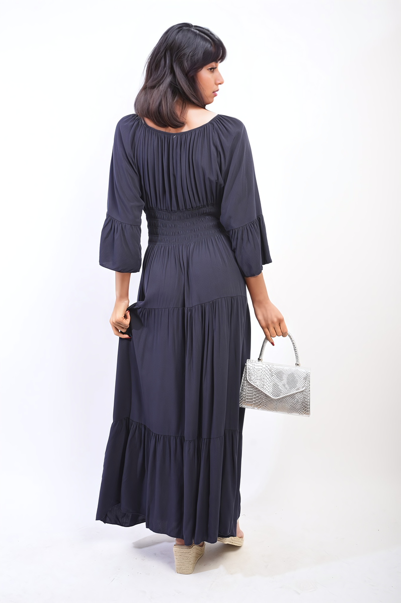 LEAH Ruffle Hem Sleeve Shirred Waist Tiered Maxi Dress