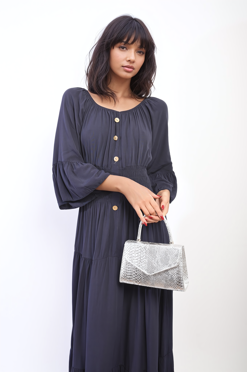 LEAH Ruffle Hem Sleeve Shirred Waist Tiered Maxi Dress