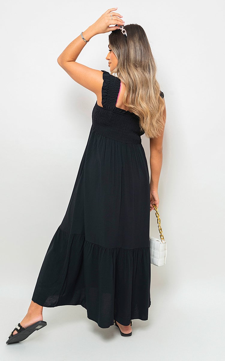 LEAH Wide Ruffle Strap Smocked Midi Dress