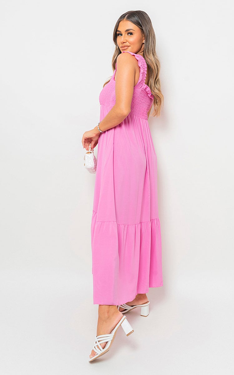 LEAH Wide Ruffle Strap Smocked Midi Dress