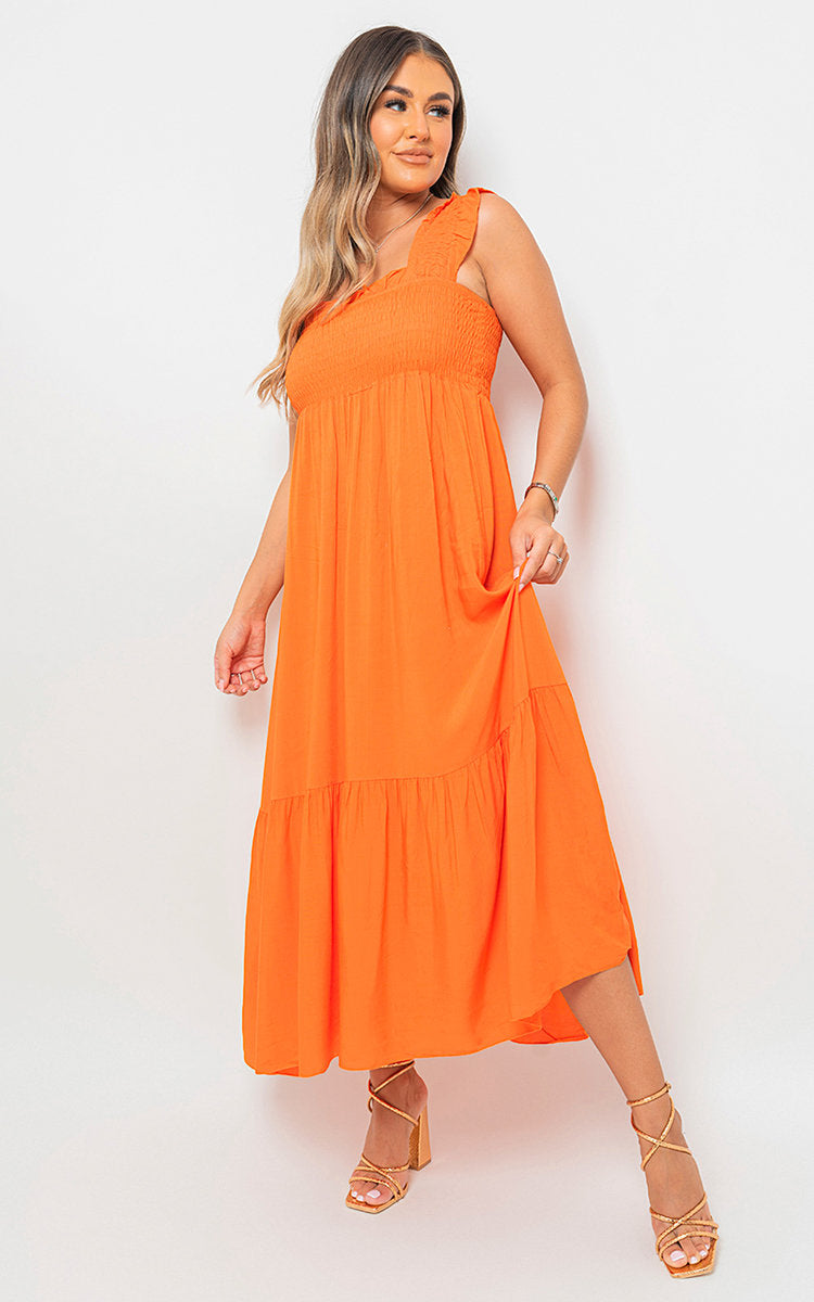 LEAH Wide Ruffle Strap Smocked Midi Dress