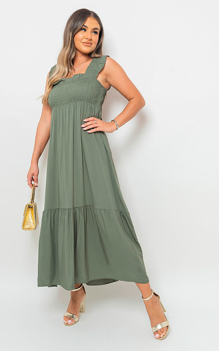 LEAH Wide Ruffle Strap Smocked Midi Dress