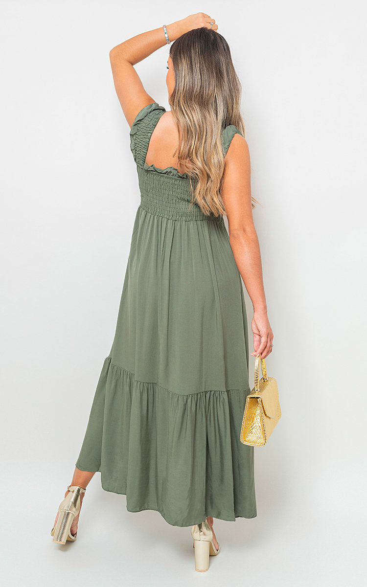 LEAH Wide Ruffle Strap Smocked Midi Dress