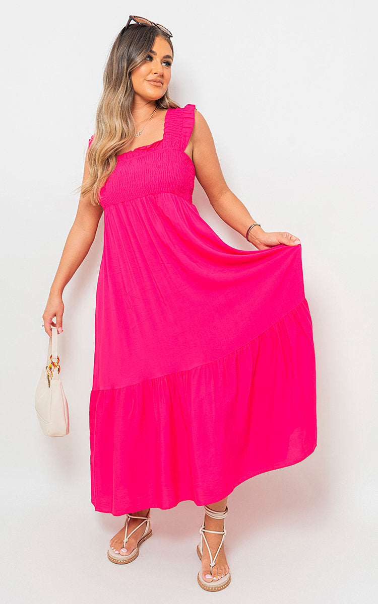 LEAH Wide Ruffle Strap Smocked Midi Dress