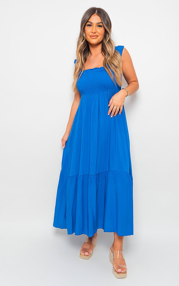 LEAH Wide Ruffle Strap Smocked Midi Dress