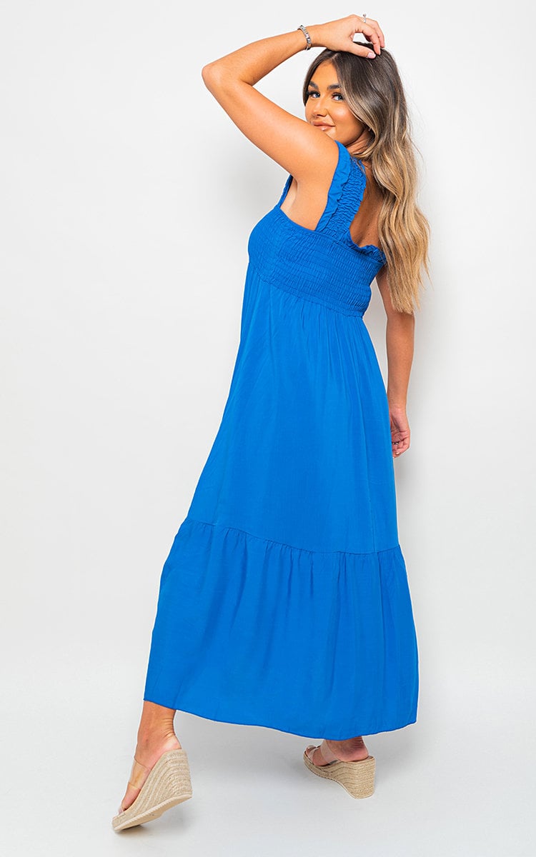 LEAH Wide Ruffle Strap Smocked Midi Dress