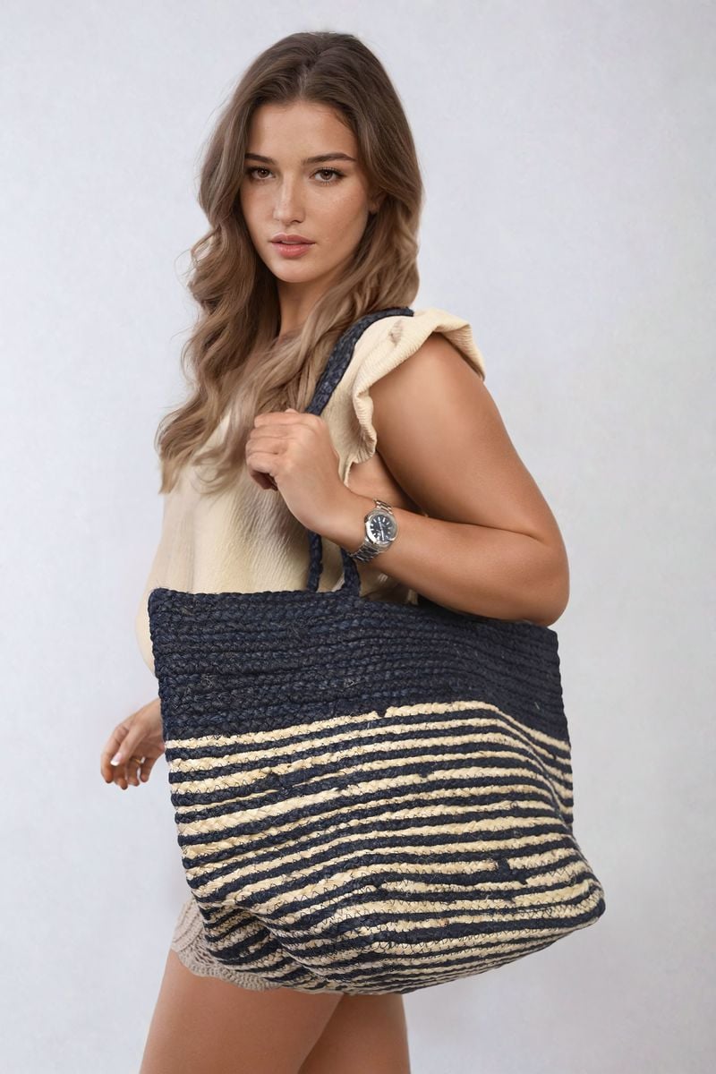 LOUISA Striped Beach Braided Tote Bag