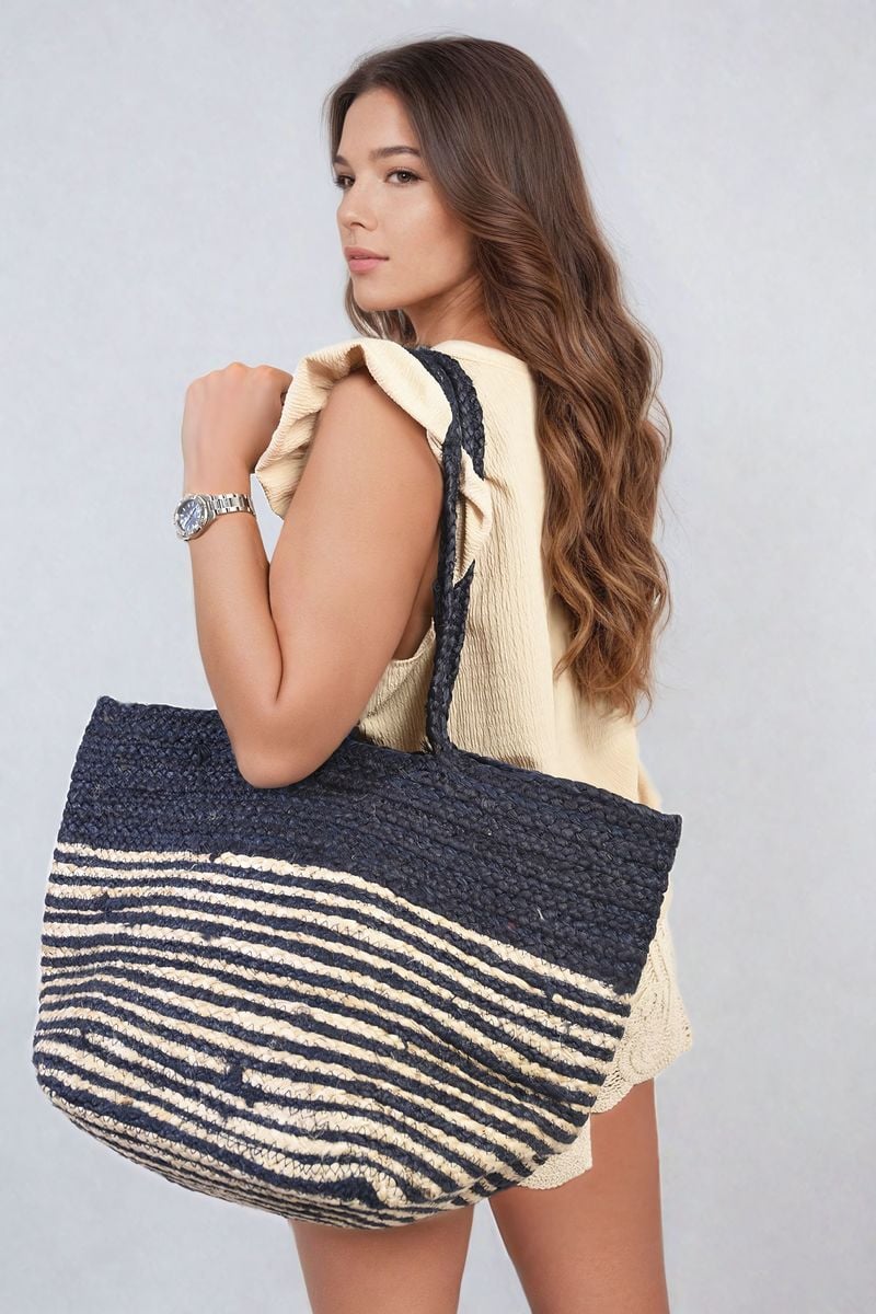 LOUISA Striped Beach Braided Tote Bag