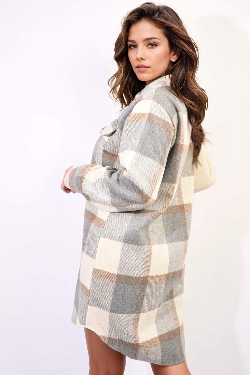 LUISA Plaid Print Long Sleeve Button Down Shacket