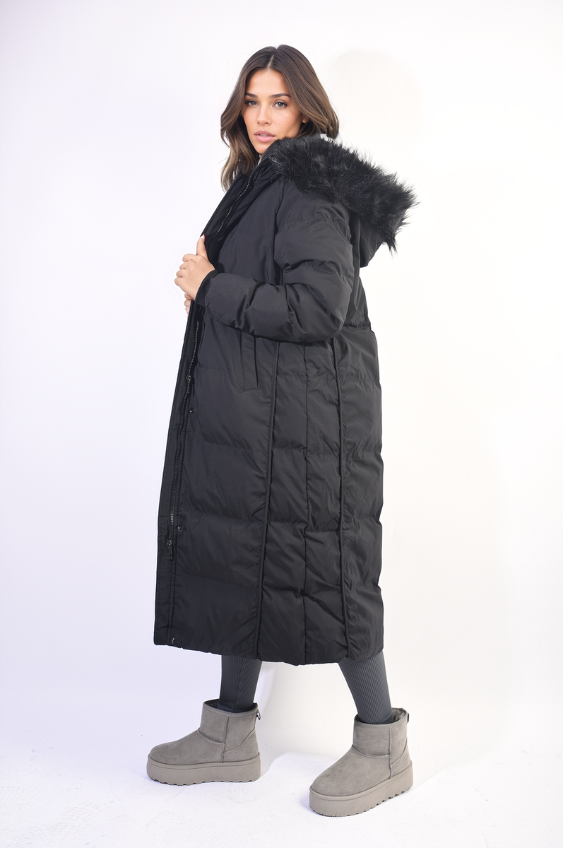 MARNIE Longline Faux Fur Hooded Puffer Jacket