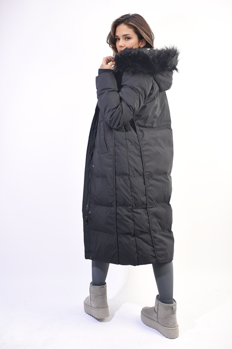 MARNIE Longline Faux Fur Hooded Puffer Jacket