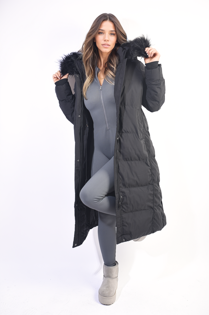 MARNIE Longline Faux Fur Hooded Puffer Jacket