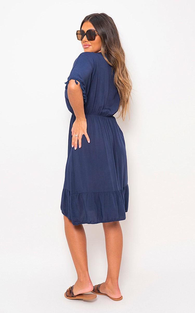 MAJA V-Neck Short Sleeve Midi Dress with Tassel Detail