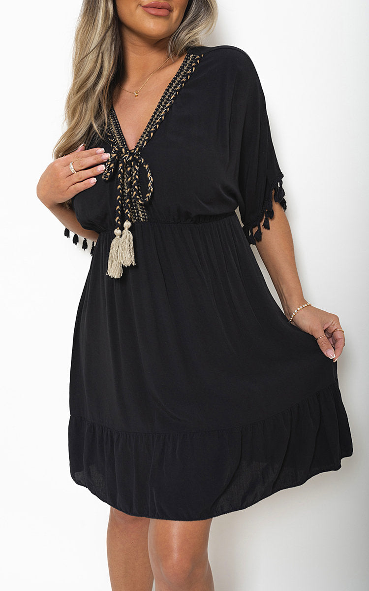 MAJA V-Neck Short Sleeve Midi Dress with Tassel Detail