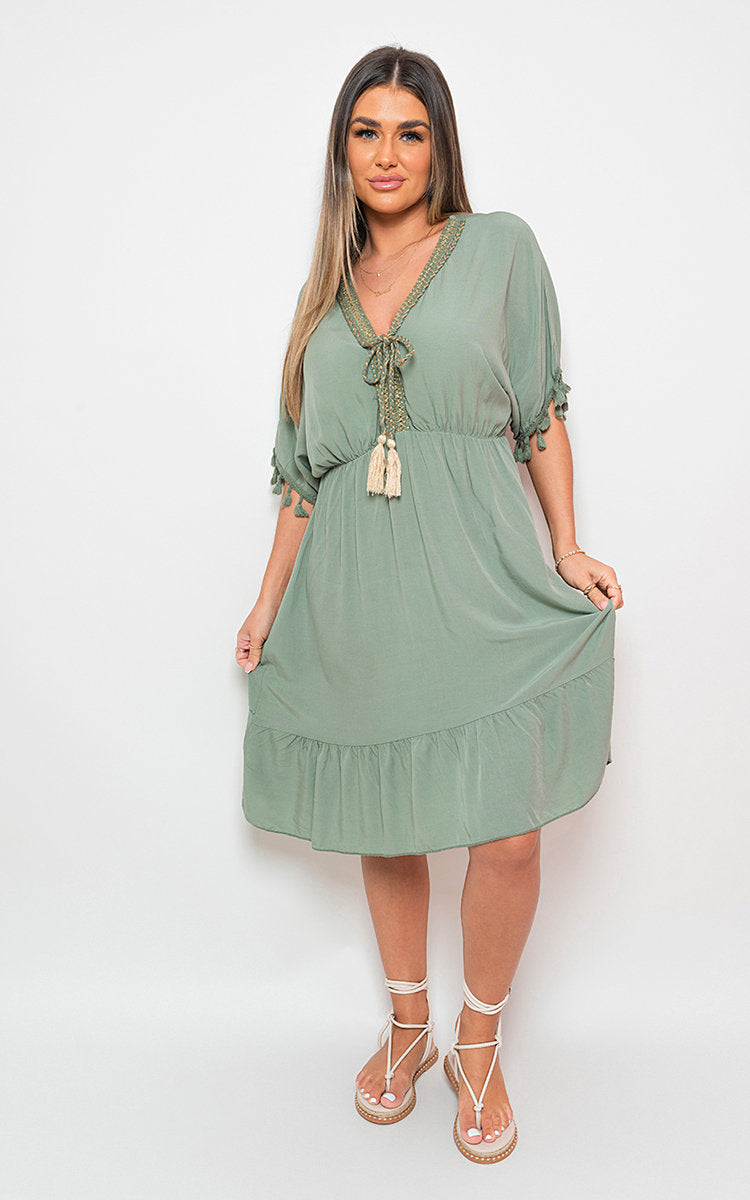 MAJA V-Neck Short Sleeve Midi Dress with Tassel Detail