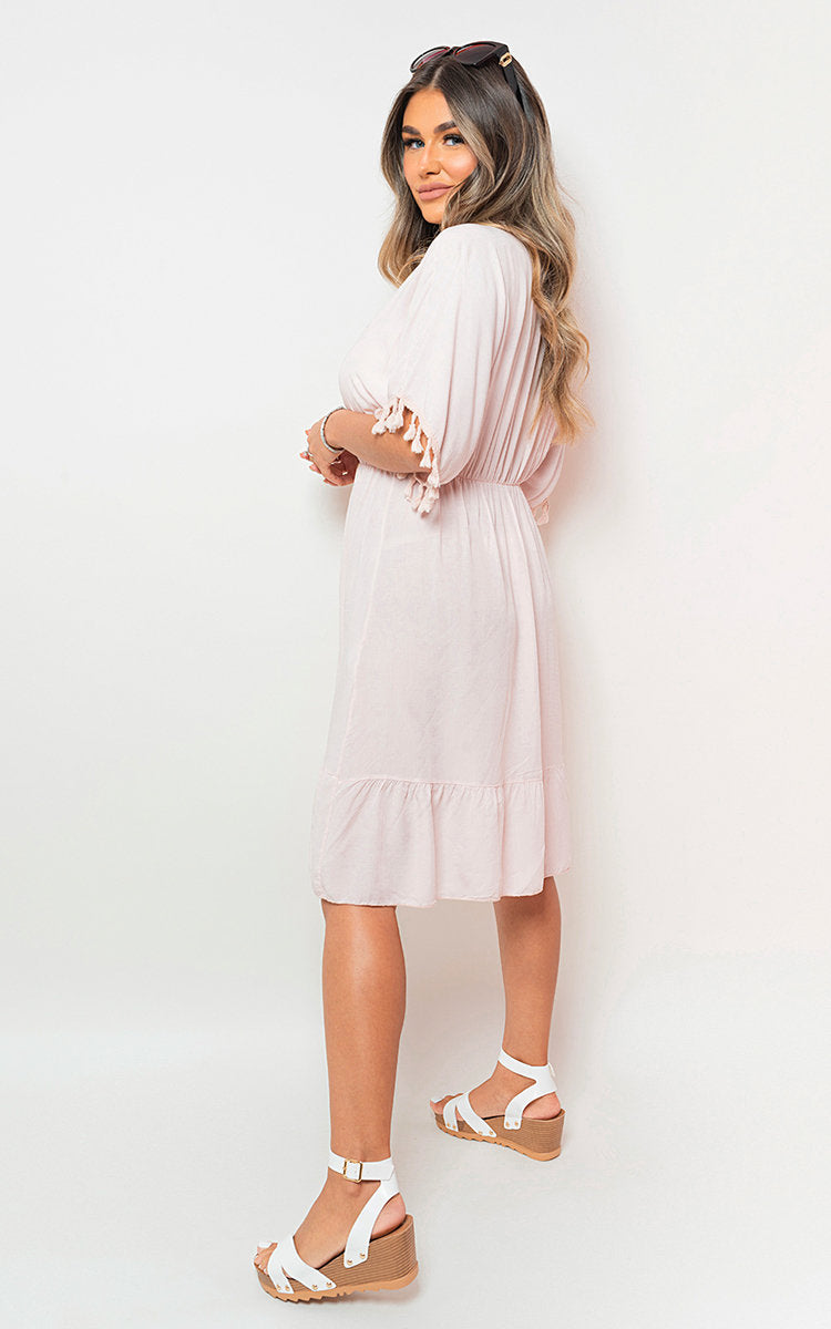 MAJA V-Neck Short Sleeve Midi Dress with Tassel Detail