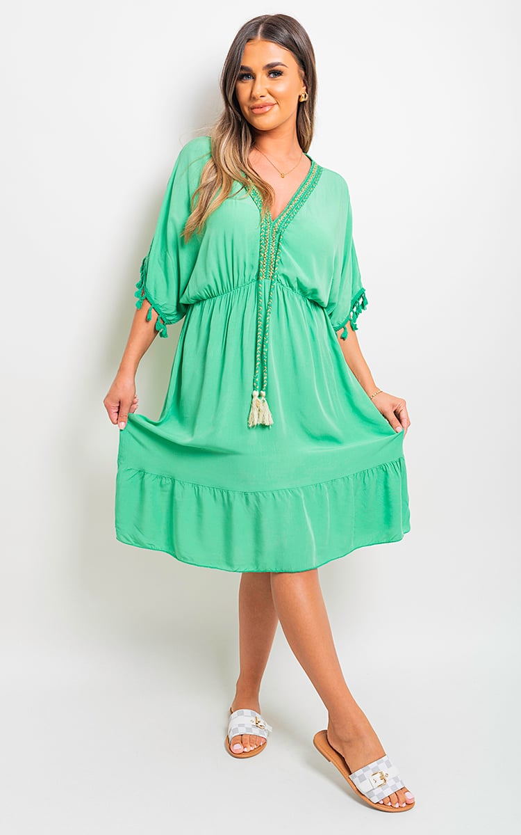 MAJA V-Neck Short Sleeve Midi Dress with Tassel Detail