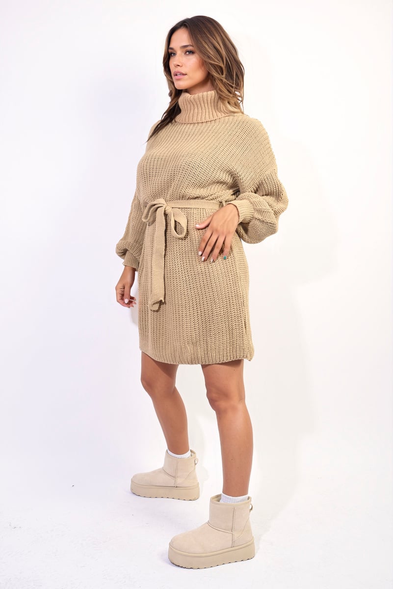 MELISSA Long Sleeve Ribbed Knit Mini Dress With Belt