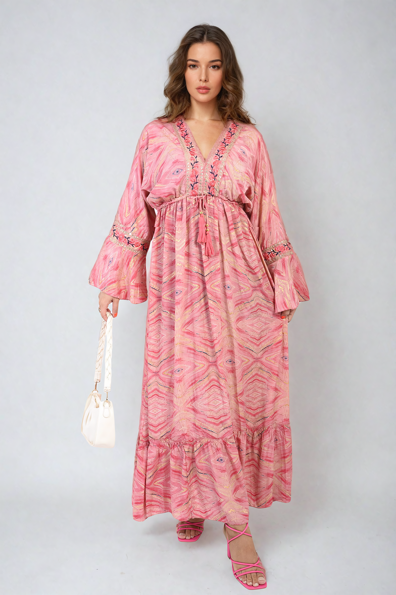 MELODY Printed Long V-Neck Ruffled Hem Maxi Dress with Front Tassel Detail