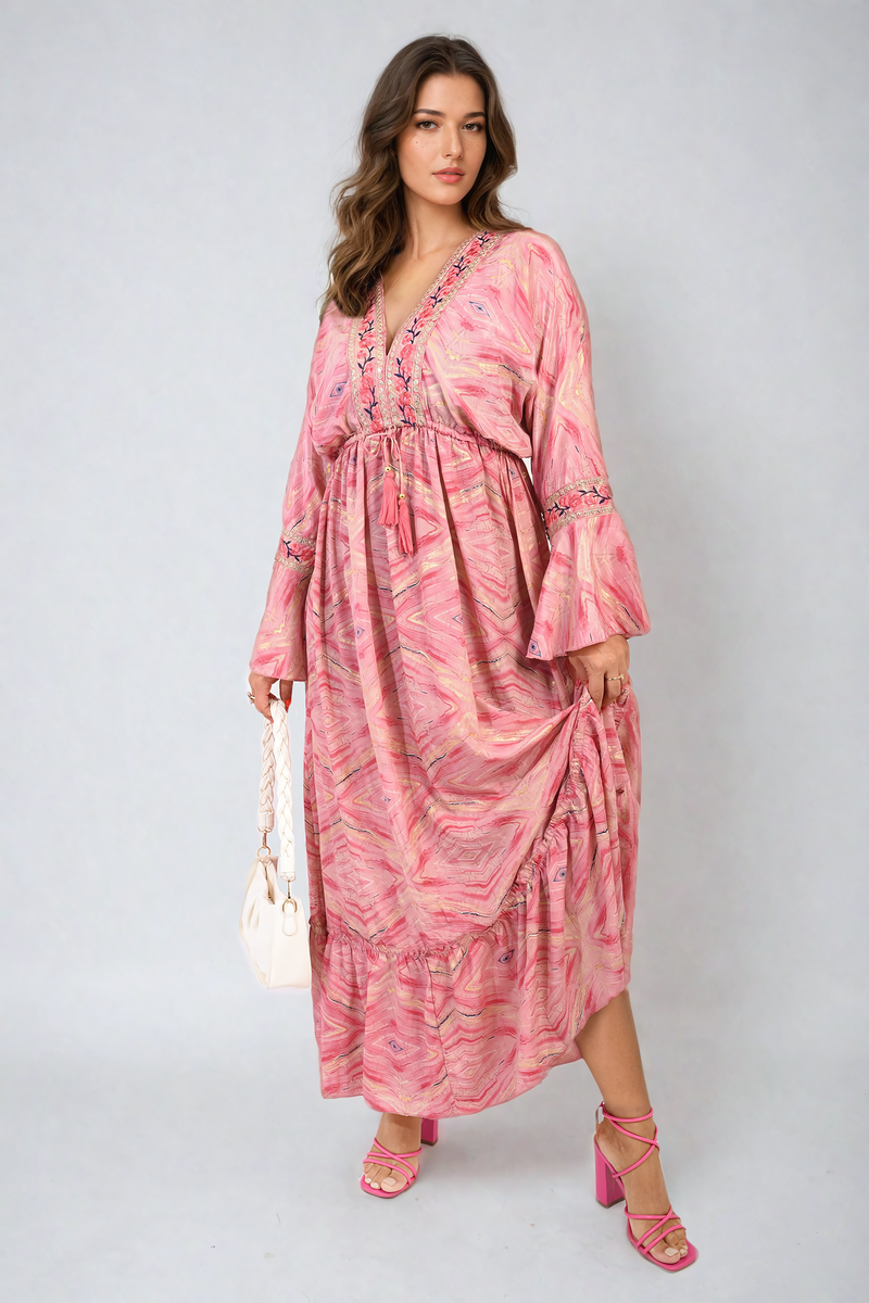 MELODY Printed Long V-Neck Ruffled Hem Maxi Dress with Front Tassel Detail