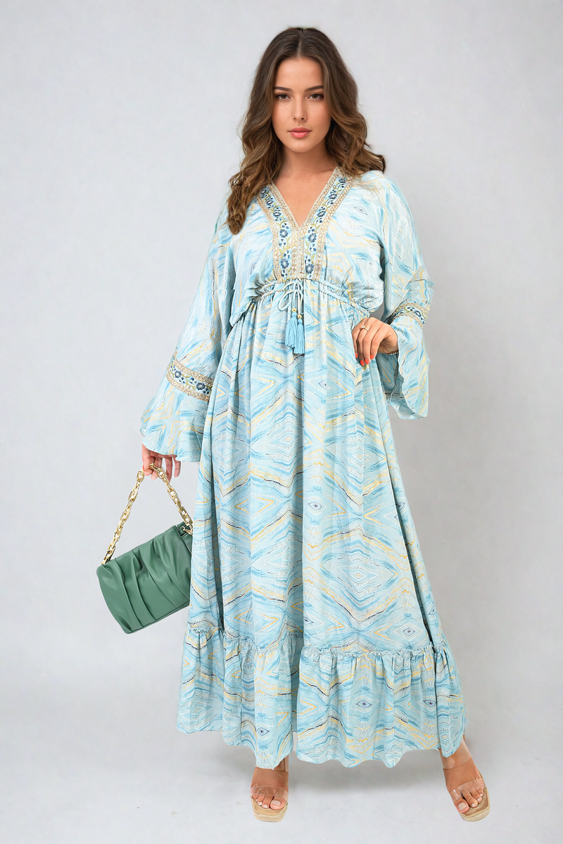 MELODY Printed Long V-Neck Ruffled Hem Maxi Dress with Front Tassel Detail