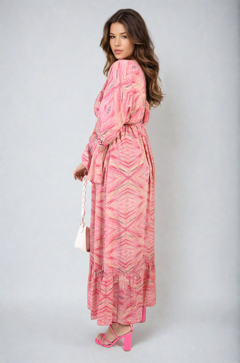 MELODY Printed Long V-Neck Ruffled Hem Maxi Dress with Front Tassel Detail