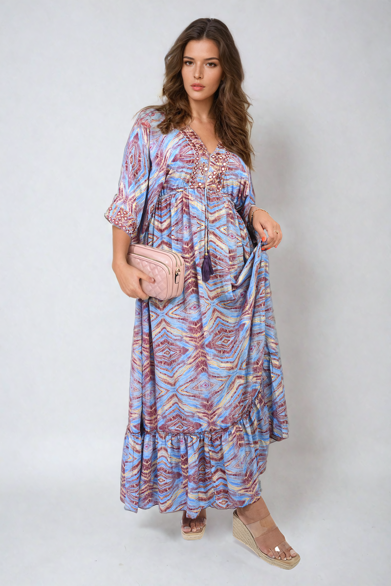 MELODY Printed Long V-Neck Ruffled Hem Maxi Dress with Front Tassel Detail