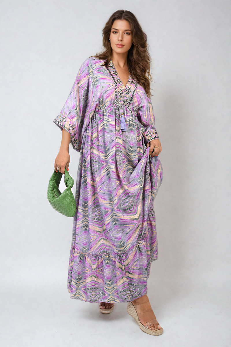 MELODY Printed Long V-Neck Ruffled Hem Maxi Dress with Front Tassel Detail