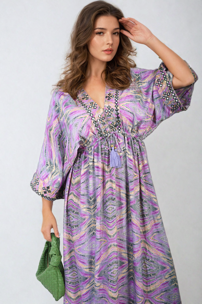 MELODY Printed Long V-Neck Ruffled Hem Maxi Dress with Front Tassel Detail