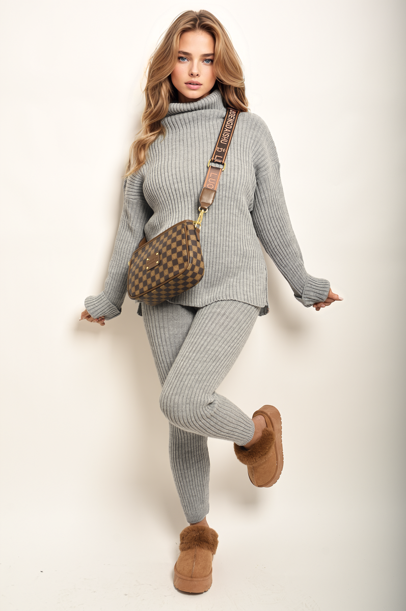 MILA Chunky Knitted High Roll Neck Top Bottom Co-ord Set