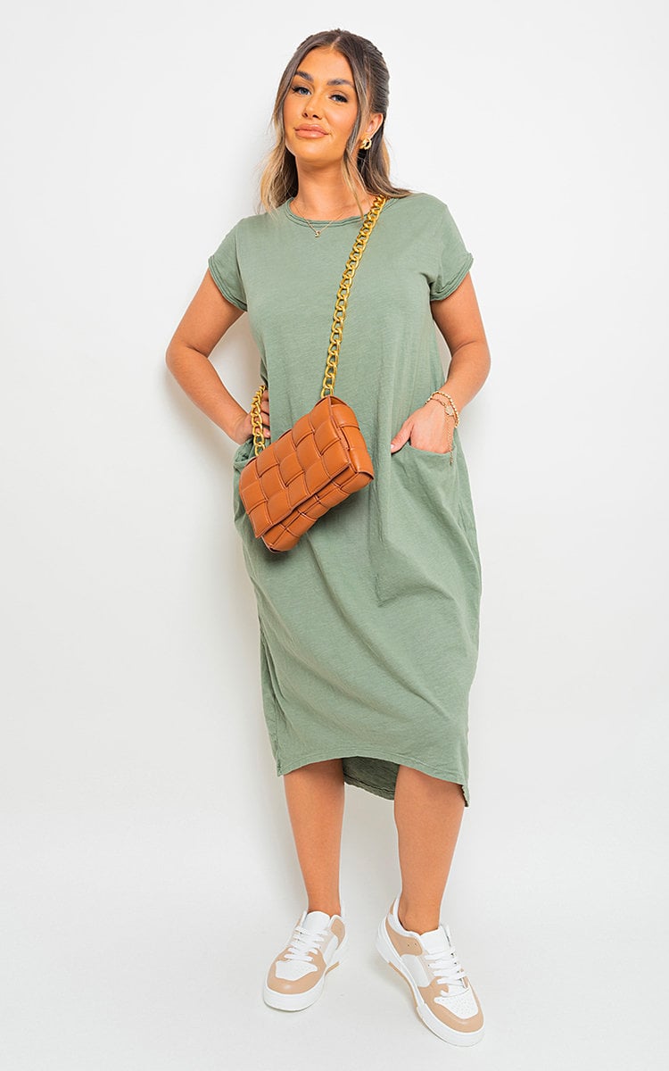 MILA Front Pockets Short Sleeve Midi Dress