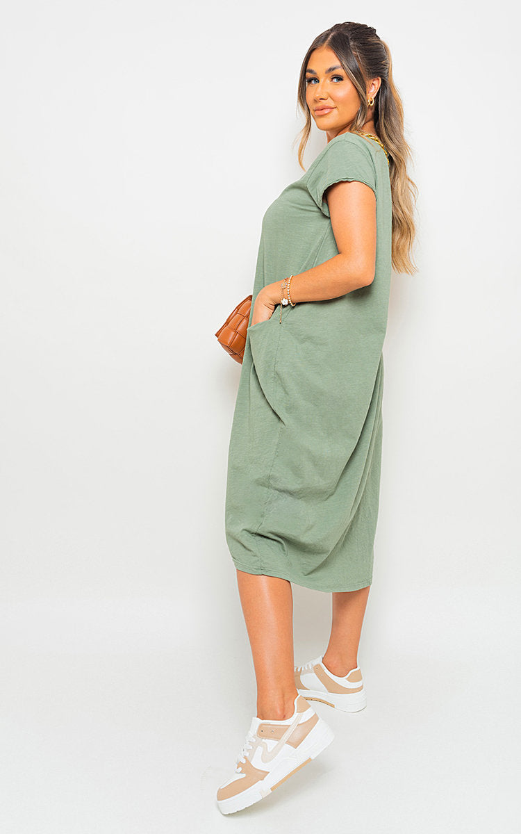 MILA Front Pockets Short Sleeve Midi Dress