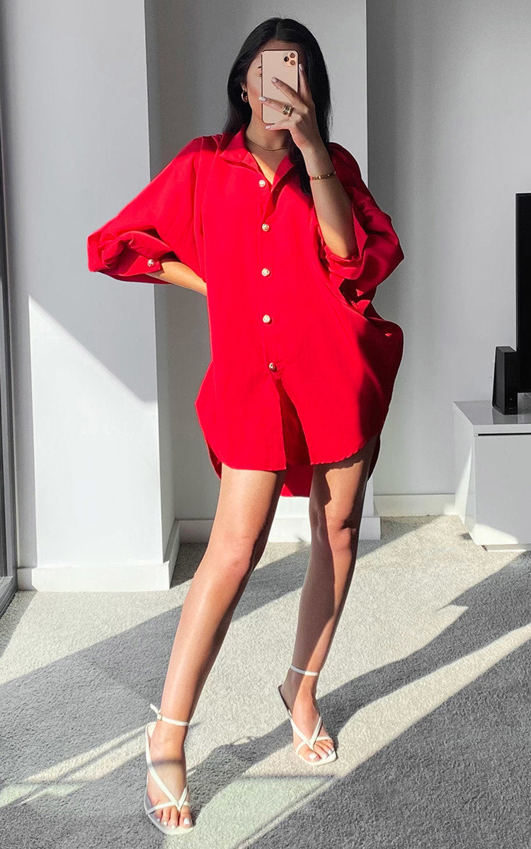 CINDY Button Down Balloon Sleeve Shirt Dress