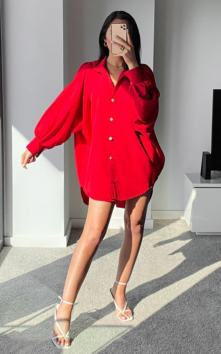 CINDY Button Down Balloon Sleeve Shirt Dress